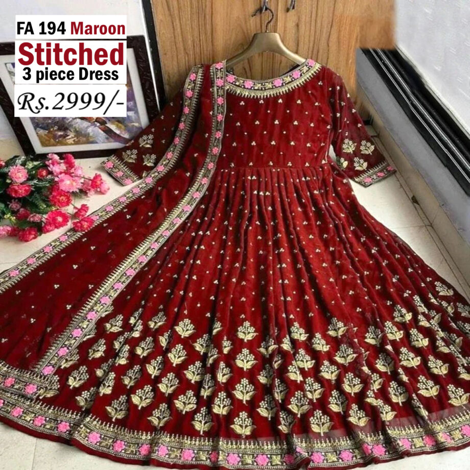 STITCHED 3 piece DRESS FA- 194 Maroon