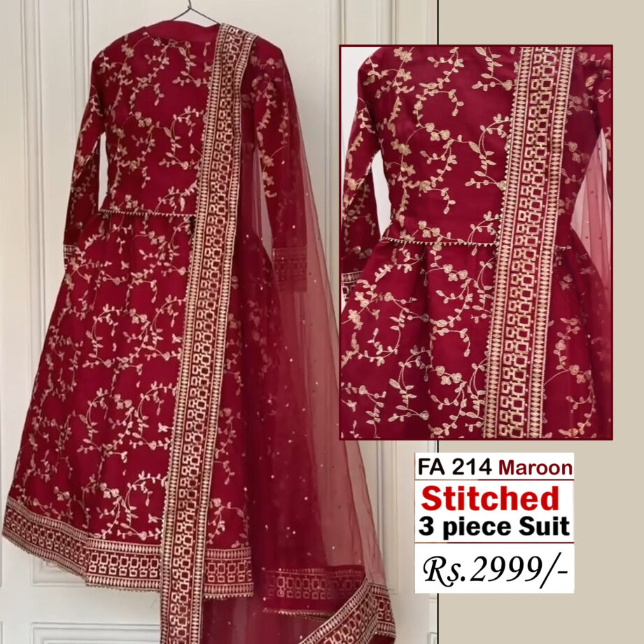 STITCHED 3 piece DRESS FA- 214 Maroon