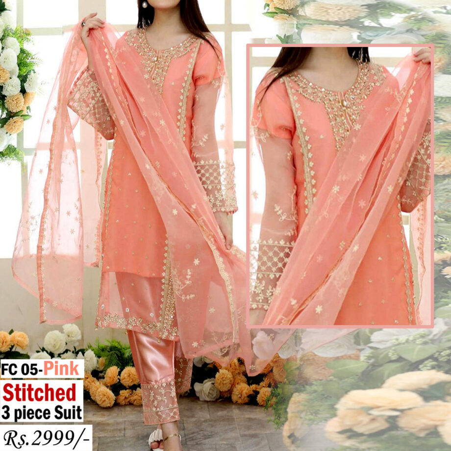 STITCHED 3 piece DRESS FA- 05 Pink